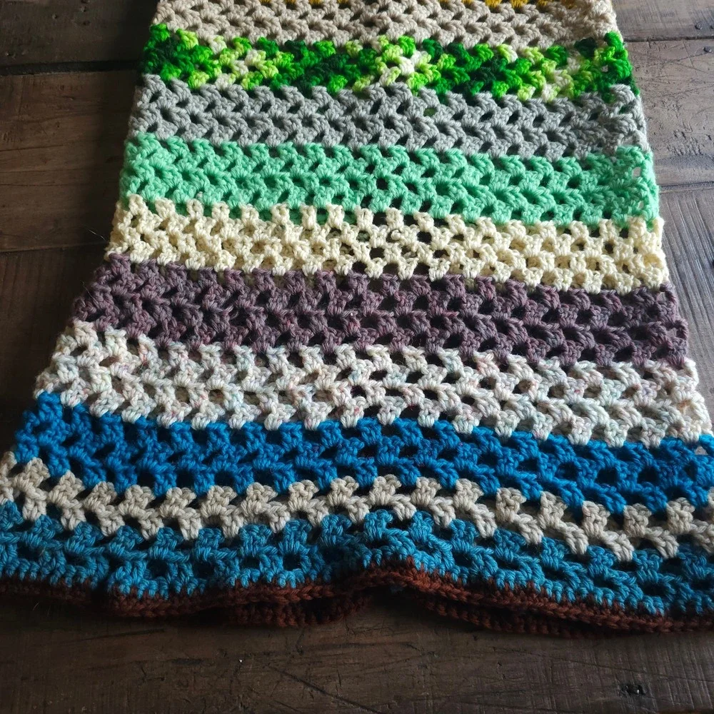 Handmade Crochet Granny Stitch Vest Multi Color Striped Boho Open Front 1970s 60
